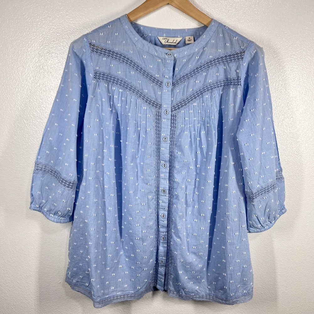 Cathy Daniels Light Blue Swiss Dot Button-Front Peasant Blouse